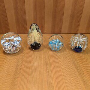 Lot of 4 Art Glass Orb Paperweight Ball Globe - Floral Flowers Bubbles Sea Life